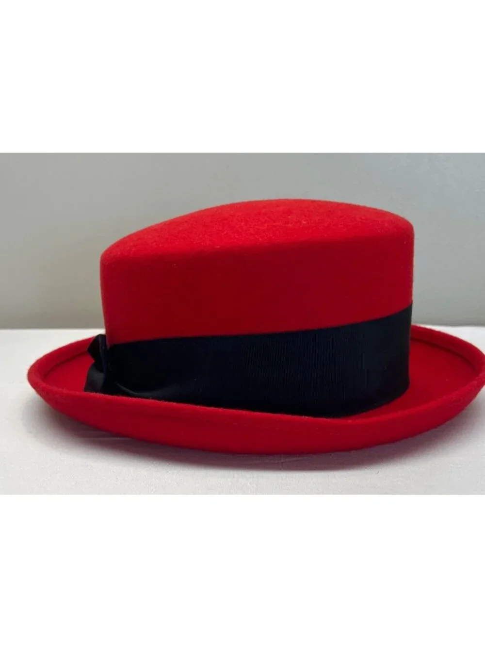 Vintage  Liz Claiborne Red Wool Dress Hat Black Ribbon USA 1980s 1990s